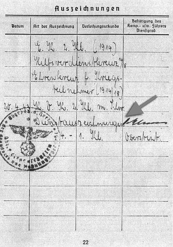 Soldbuch-Einträge Dienstauszeichnung 1. Klasse