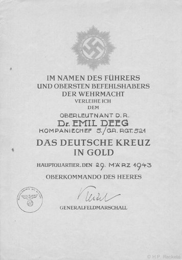 Verleihungsurkunden Deutsches Kreuz in Gold
