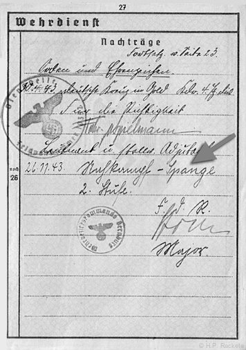 Wehrpass-Einträge Nahkampfspange in Silber