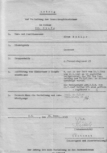 Verleihungsanträge Panzer-Kampfabzeichen in Silber mit Einsatzzahl
