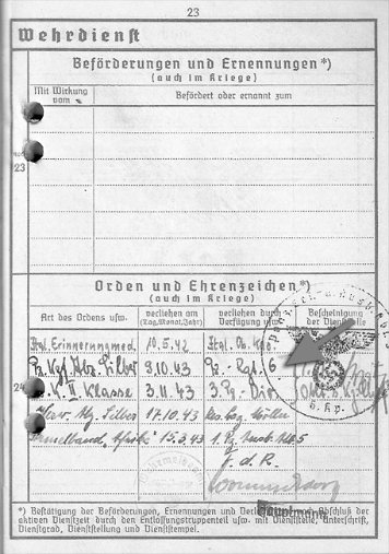 Wehrpass-Einträge Panzer-Kampfabzeichen in Silber