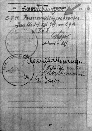 Soldbuch-Einträge Panzervernichtungsabzeichen