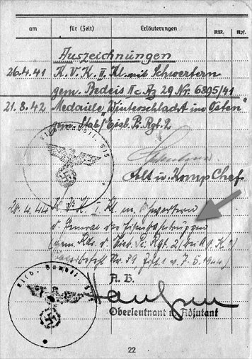 Soldbuch-Einträge Kriegsverdienstkreuz 1. Klasse