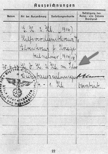 Soldbuch-Einträge Kriegsverdienstkreuz 2. Klasse