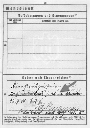 Wehrpass-Einträge Kriegsverdienstkreuz 2. Klasse