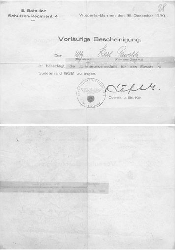 Bescheinigungen Medaille zur Erinnerung an den 1. Oktober 1938