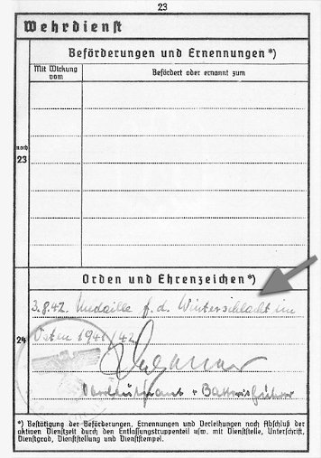 Wehrpass-Einträge Medaille Winterschlacht im Osten 1941-42