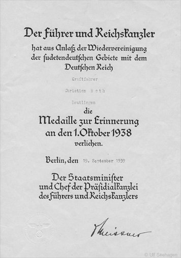 Medaille zur Erinnerung an den 1. Oktober 1938 Heer