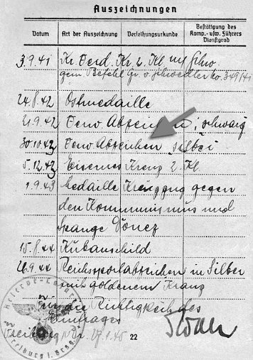 Soldbuch-Einträge Verwundeten-Abzeichen 1939 in Silber